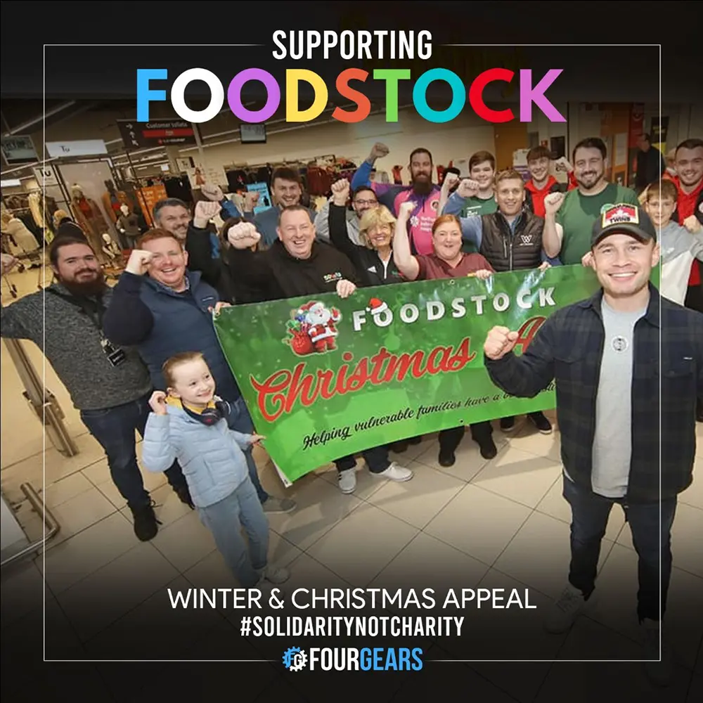 Graphic design social media post of Four Gears showing their support for local charity Foodstock on their Winter & Christmas appeal